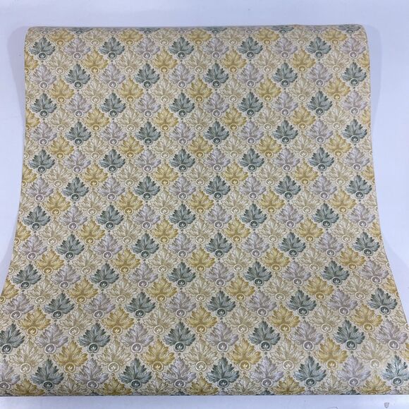 Old Vintage Wallpaper Textured Metallic 1970s Regency Green Gold Silver Damask - Picture 1 of 8